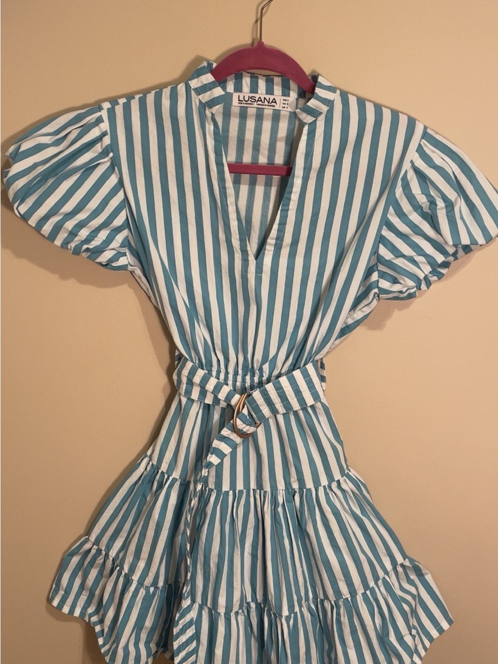 Lusana Blue and white mini dress with belt - Picture 2 of 3